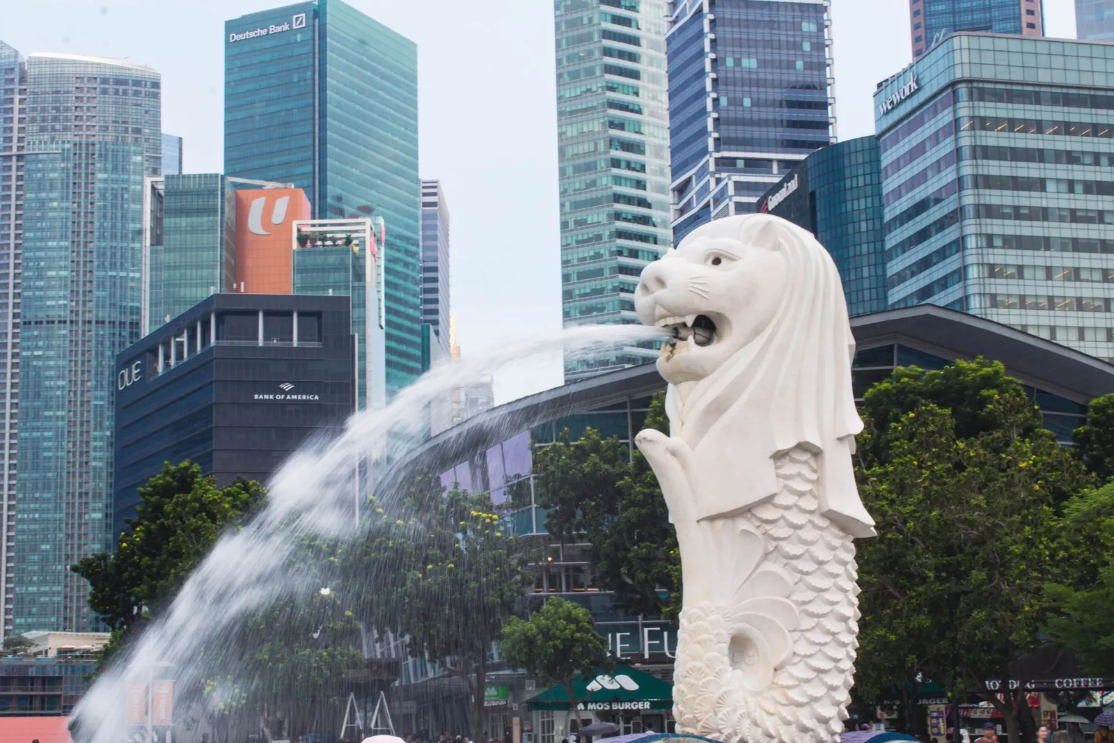 The Merlion and Singapore CBD skyline on a bright day