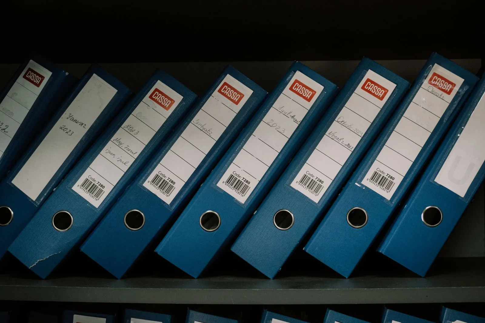 Neat row of labelled blue corporate document binders on a shelf